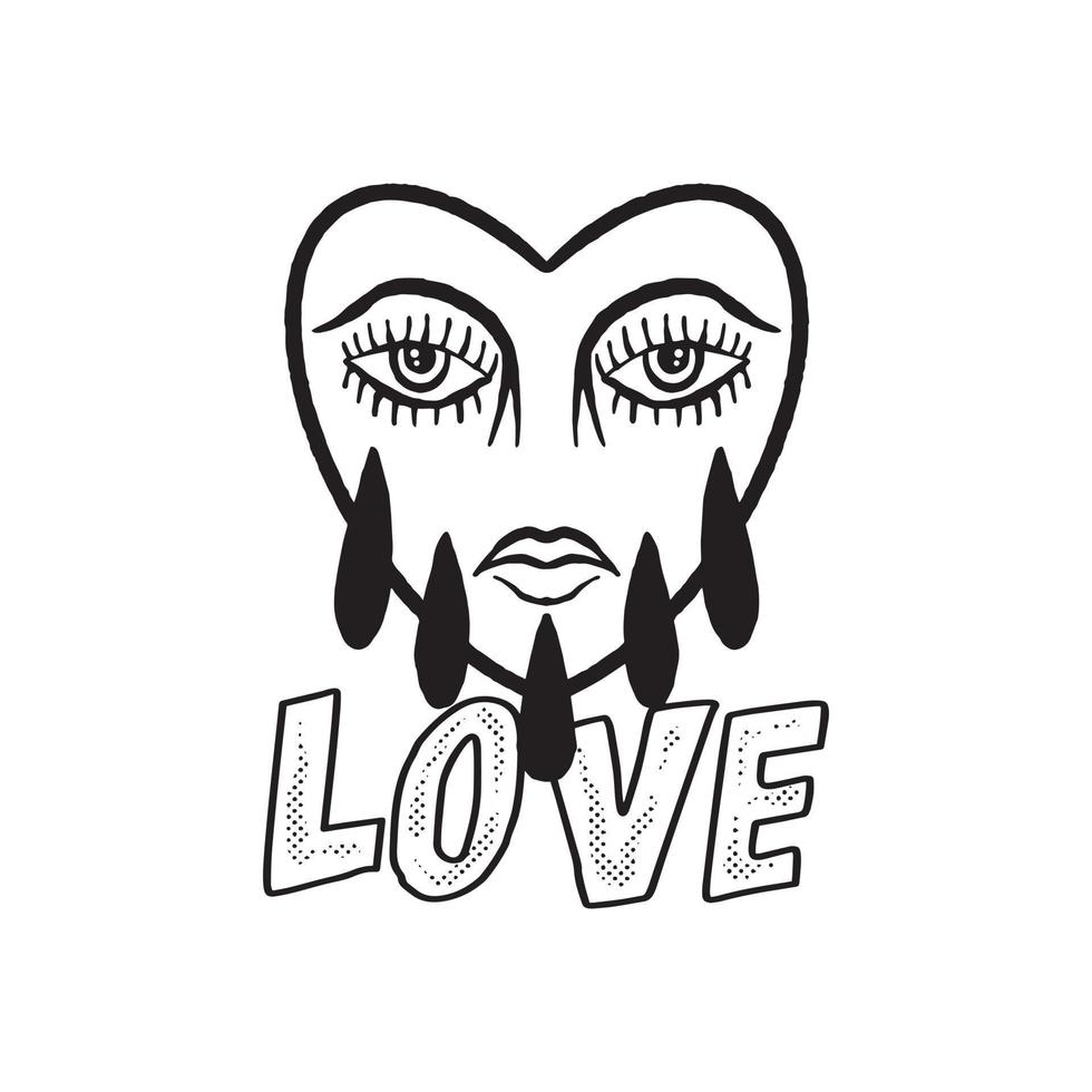 ilustración de garabato de corazón de cara de amor en blanco y negro para diseño de camiseta de póster de tatuaje de pegatina, etc. vector