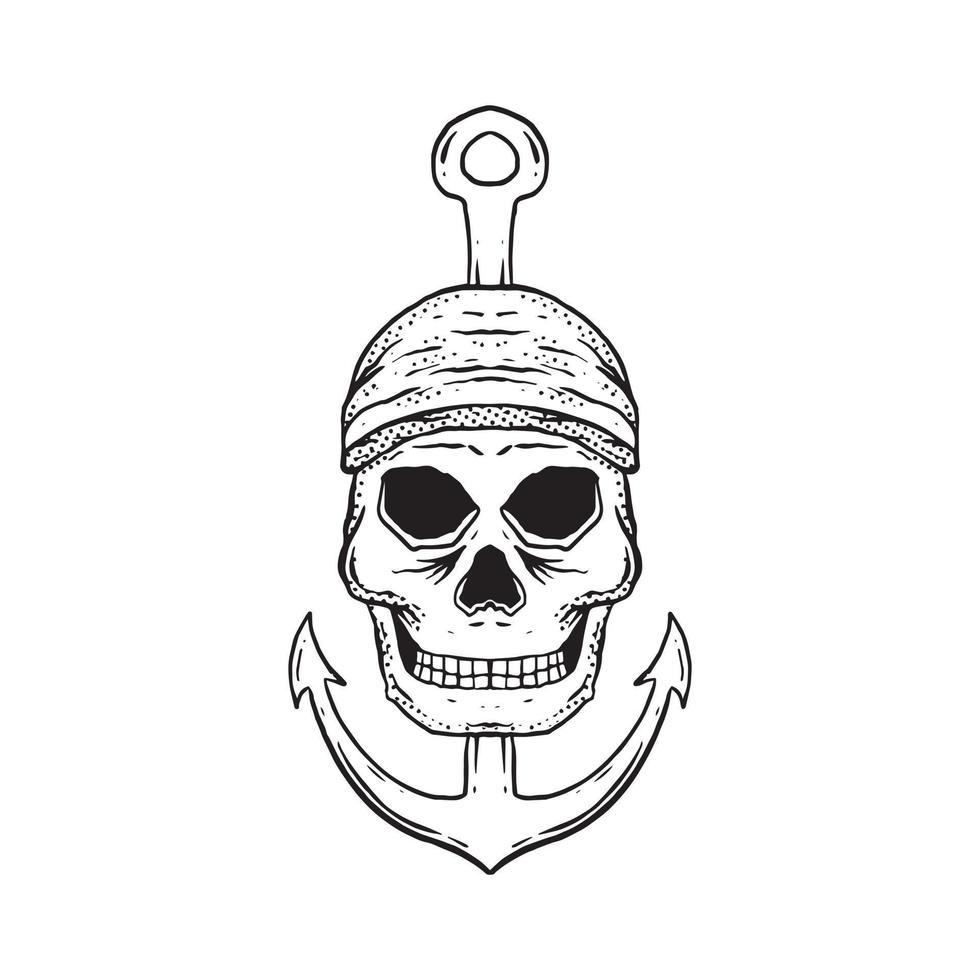 ilustración de garabato de ancla de calavera en blanco y negro para diseño de camiseta de póster de tatuaje de pegatina, etc. vector