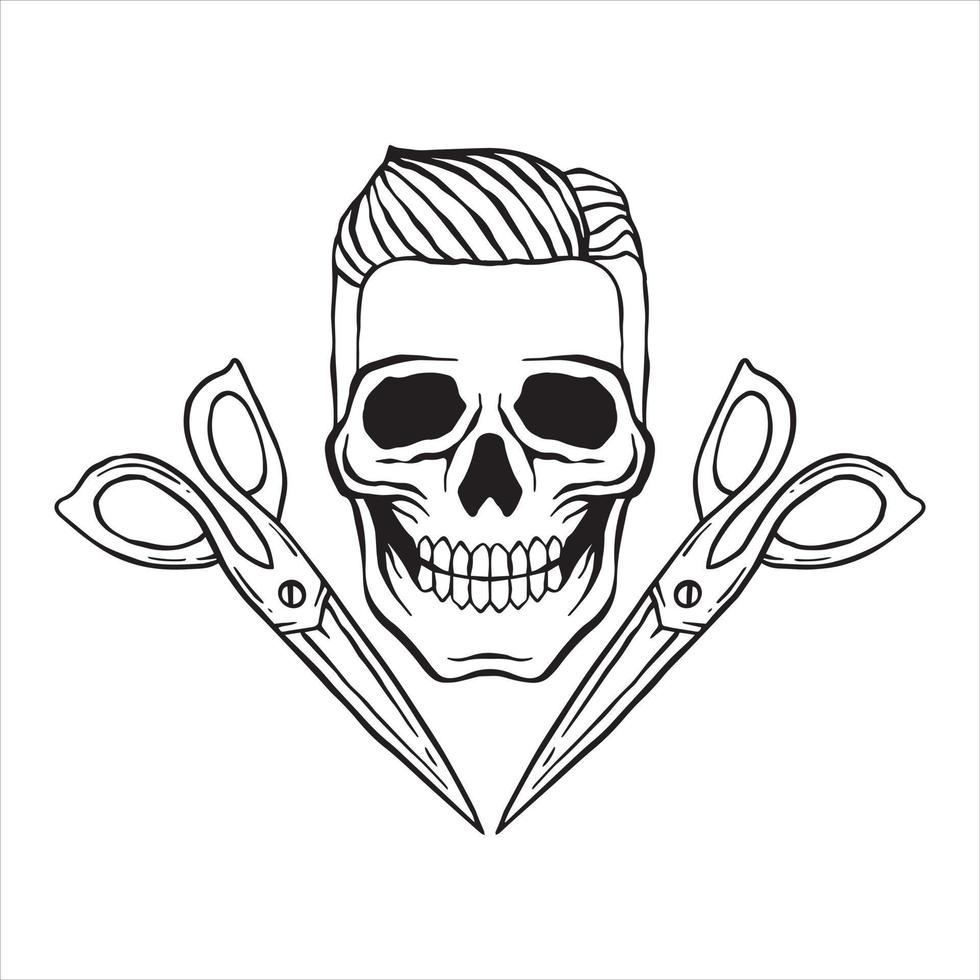 cráneo en blanco y negro y ilustración de garabato de tijera para el diseño de la camiseta del cartel del tatuaje de la etiqueta engomada, etc. vector