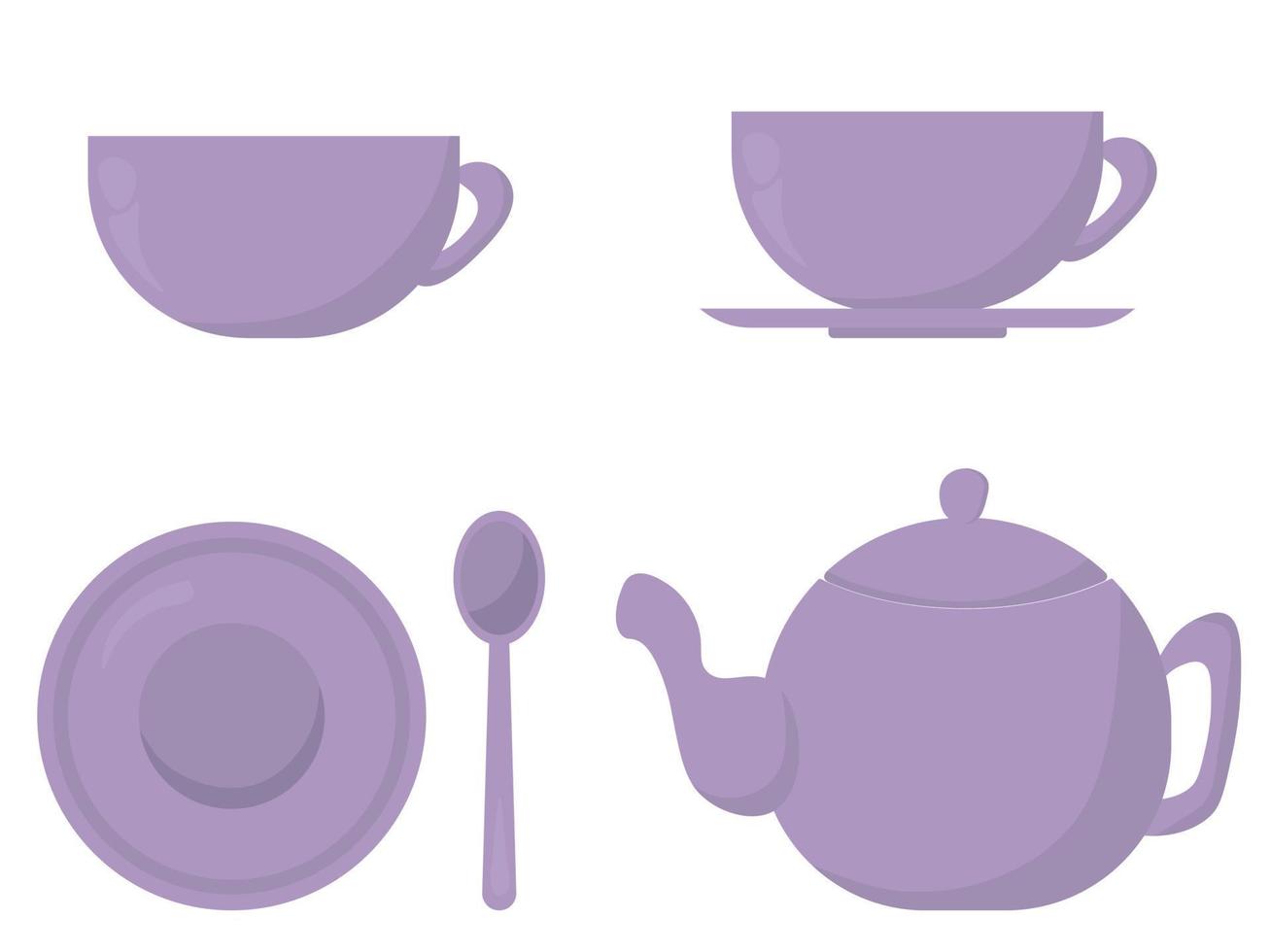 juego de utensilios para beber té en tonos morados, una taza, un platillo y una tetera en un color delicado para el diseño vector