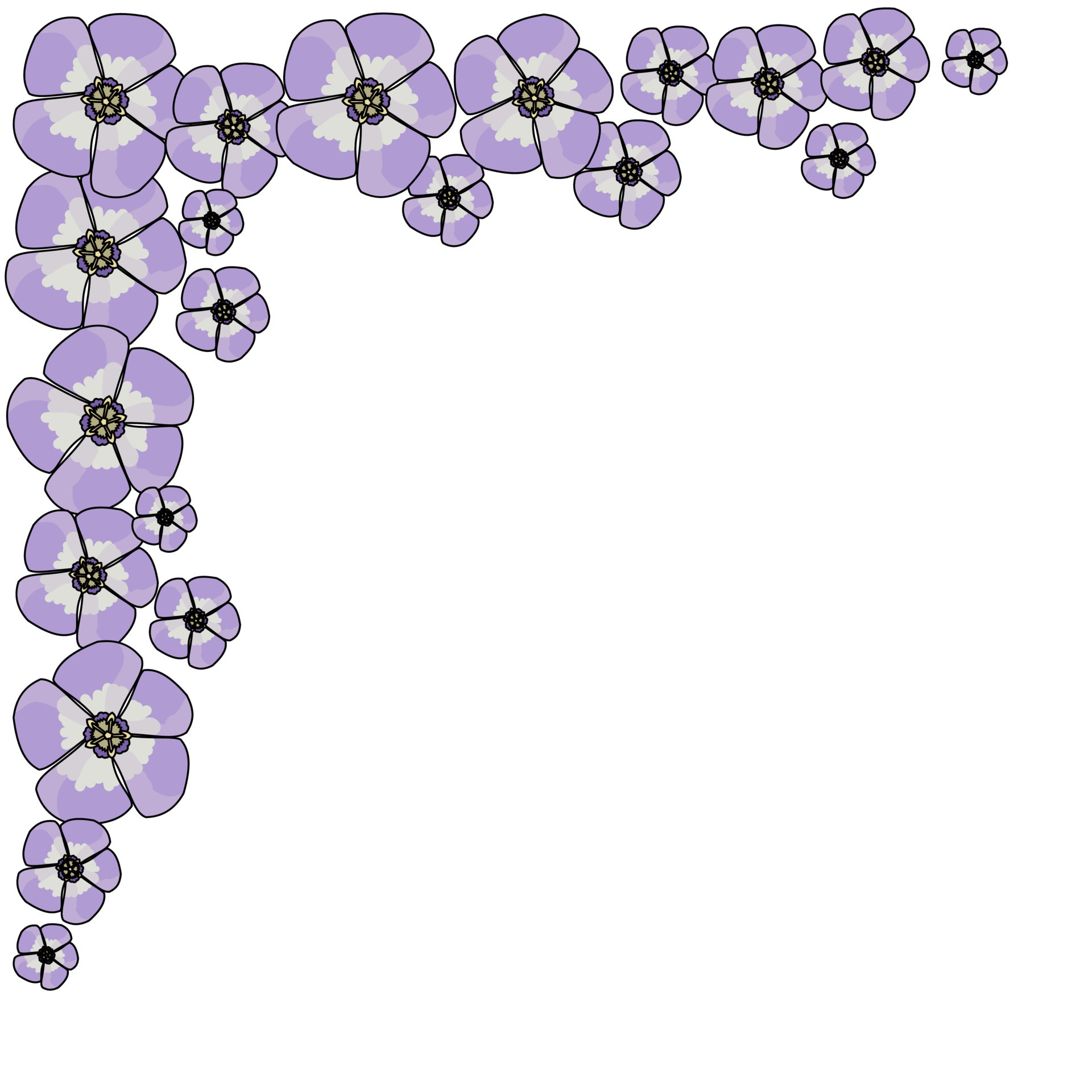 Corner frame of purple flower with black outline, vector hand draw