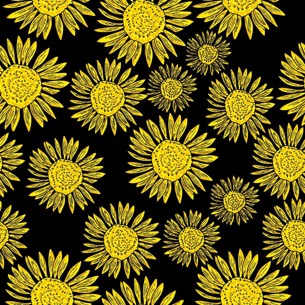 Vector illustration sunflower seamless pattern, yellow flowers on black background