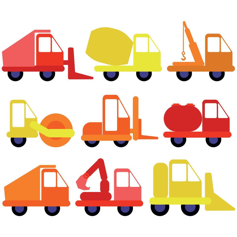 Construction machinery clipart set in children's style, various vehicles for repair and construction vector