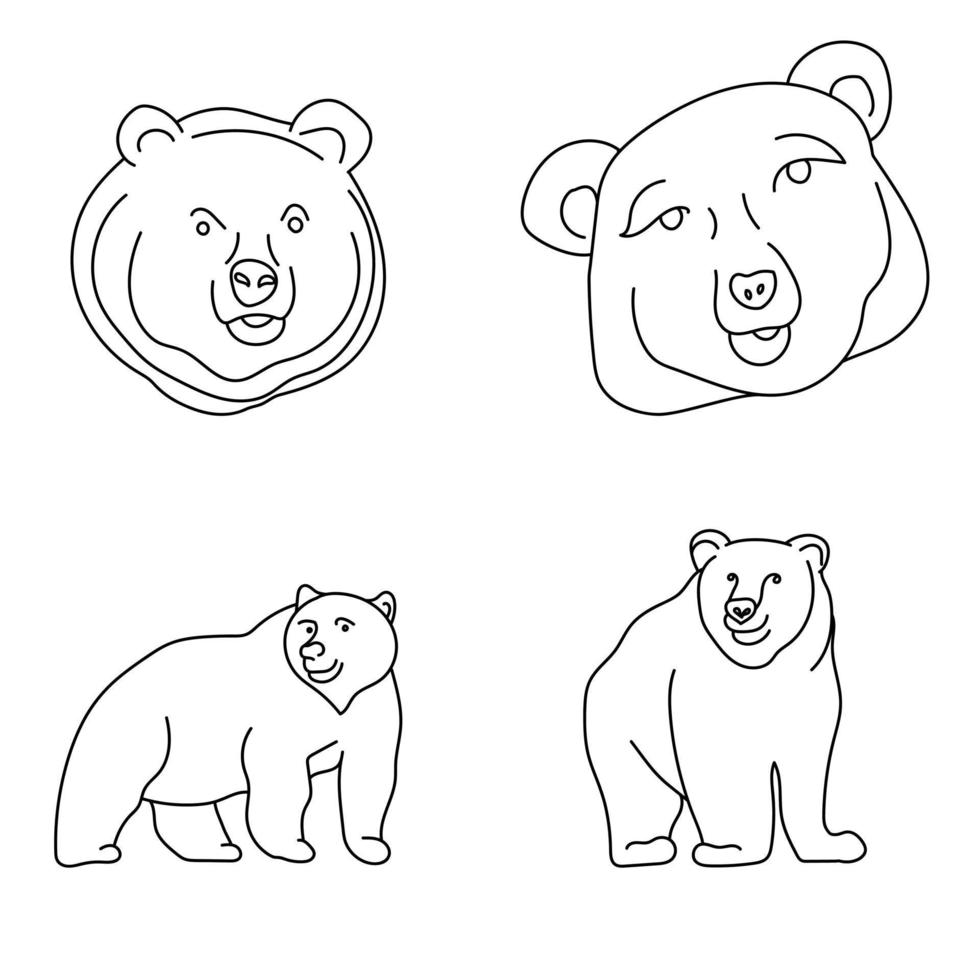 conjunto de osos de contorno, cabeza de depredador y vista lateral vector