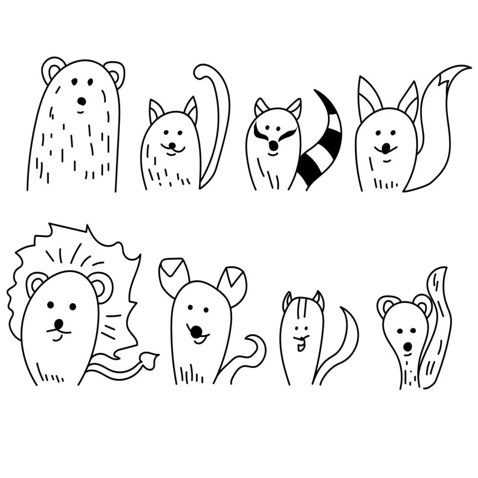 Outline doodle animals set, stylized wild and domestic animals for designWeb vector