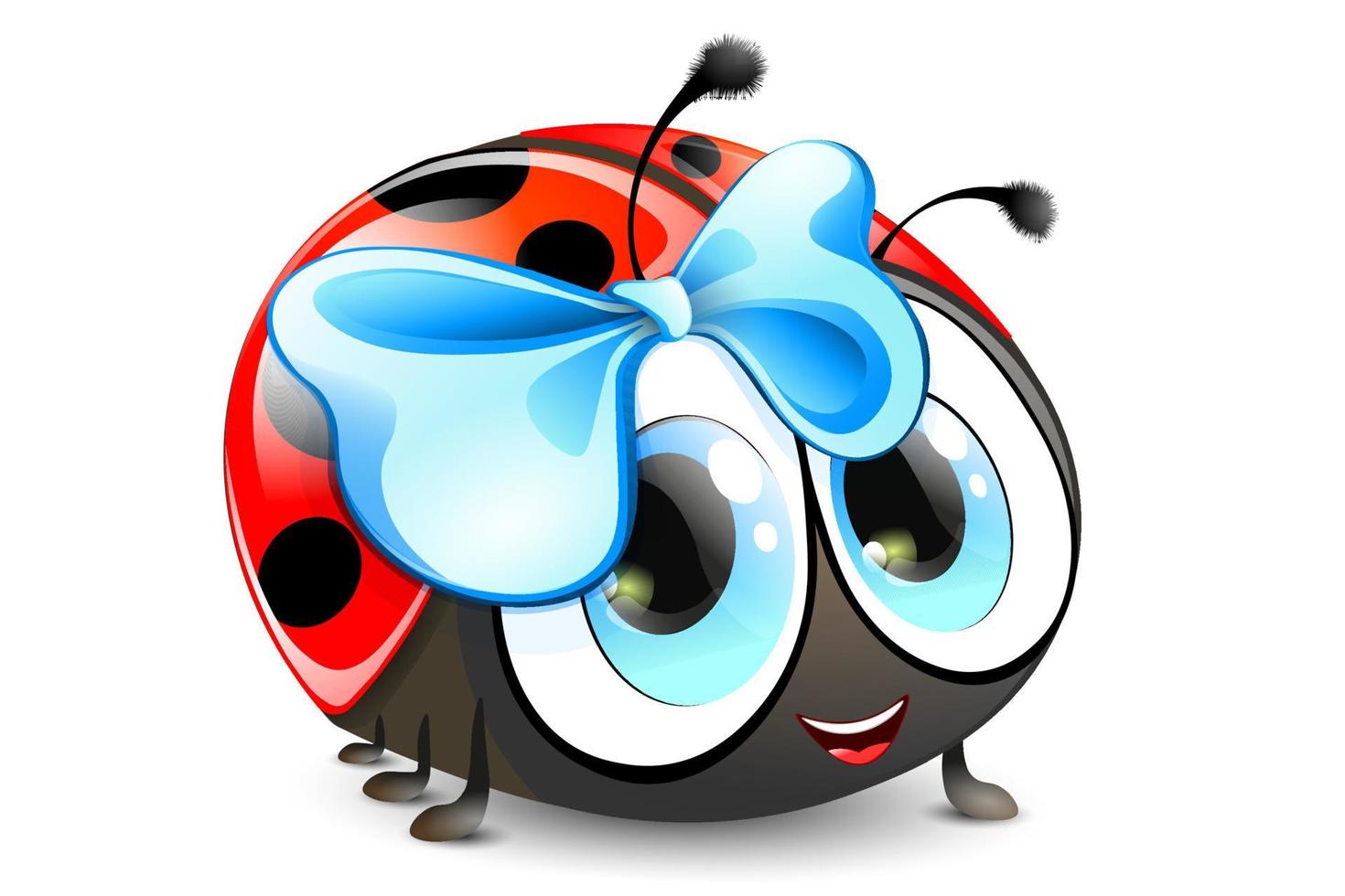 Funny cute cartoon smiling Ladybug with blue eyes and blue bow. vector