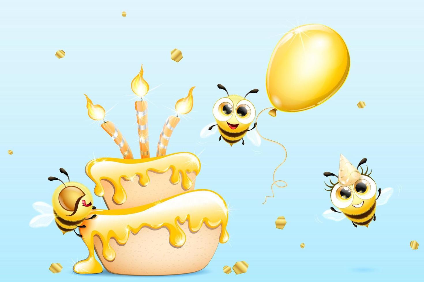 Bee cartoon funny characters birthday with cake, balloon, cap and confetti. Birthday card vector