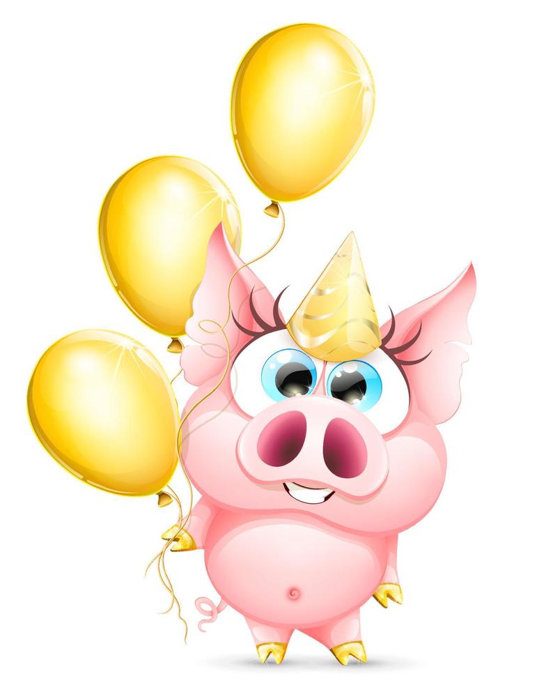 Pig girl with ballons and birthday cap vector