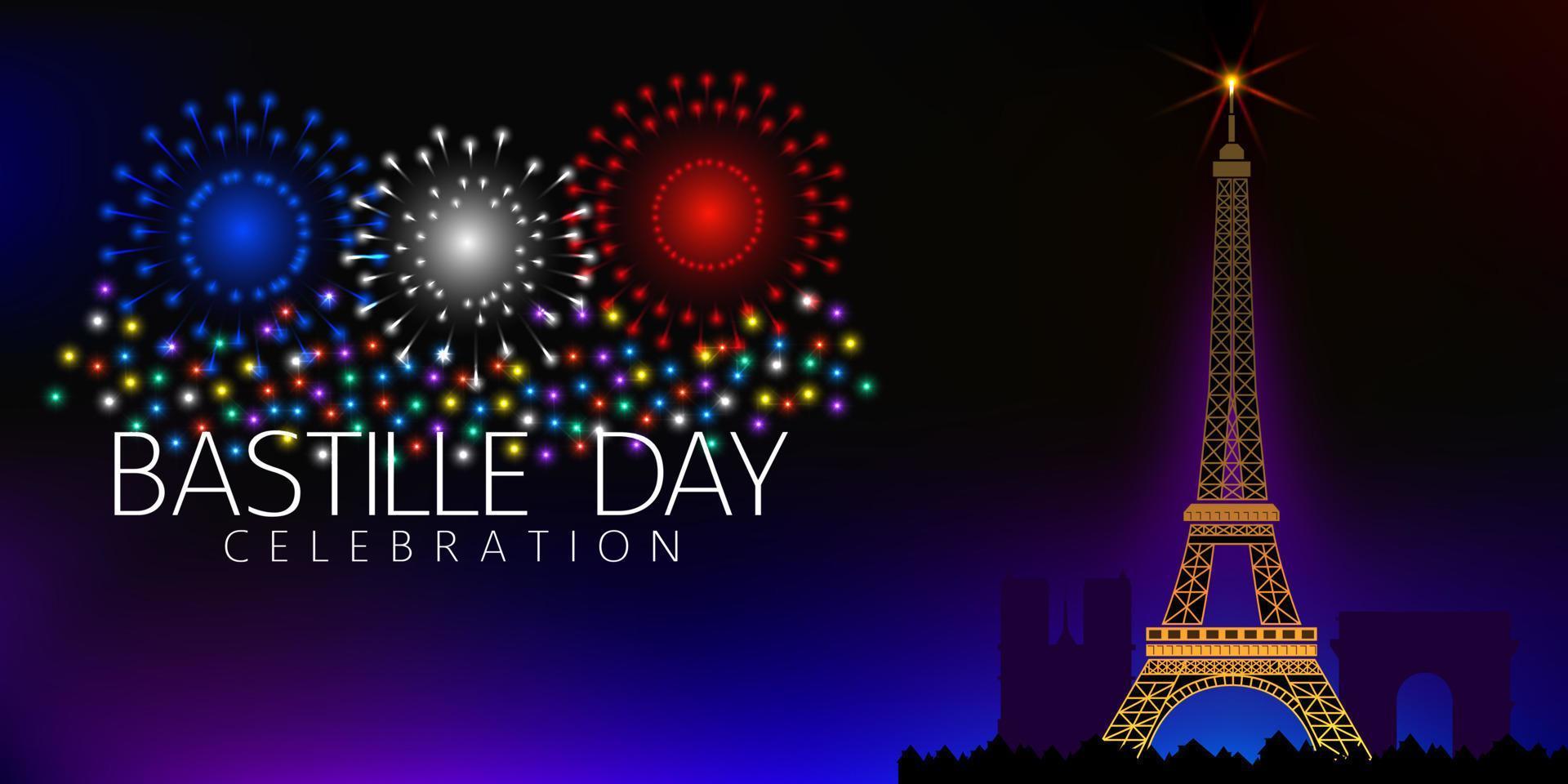 celebre el día nacional francés con fuegos artificiales. vector de ilustración de fondo.