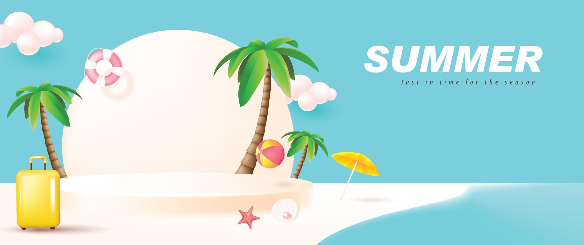 Summer poster banner template for promotion with product display cylindrical shape and beach background vector