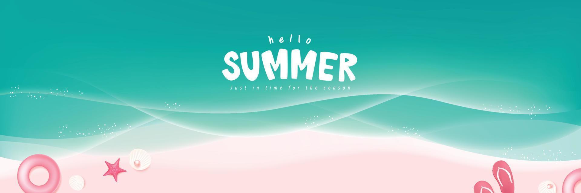 Blue sea and beach summer banner background with ripple and beach decorations vector
