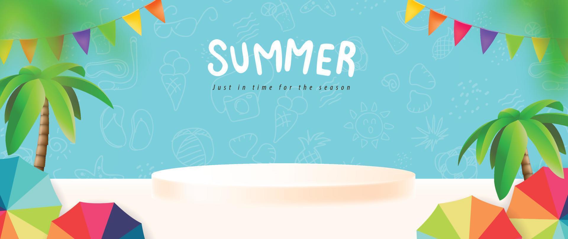 Summer poster banner template for promotion with product display cylindrical shape and beach background vector