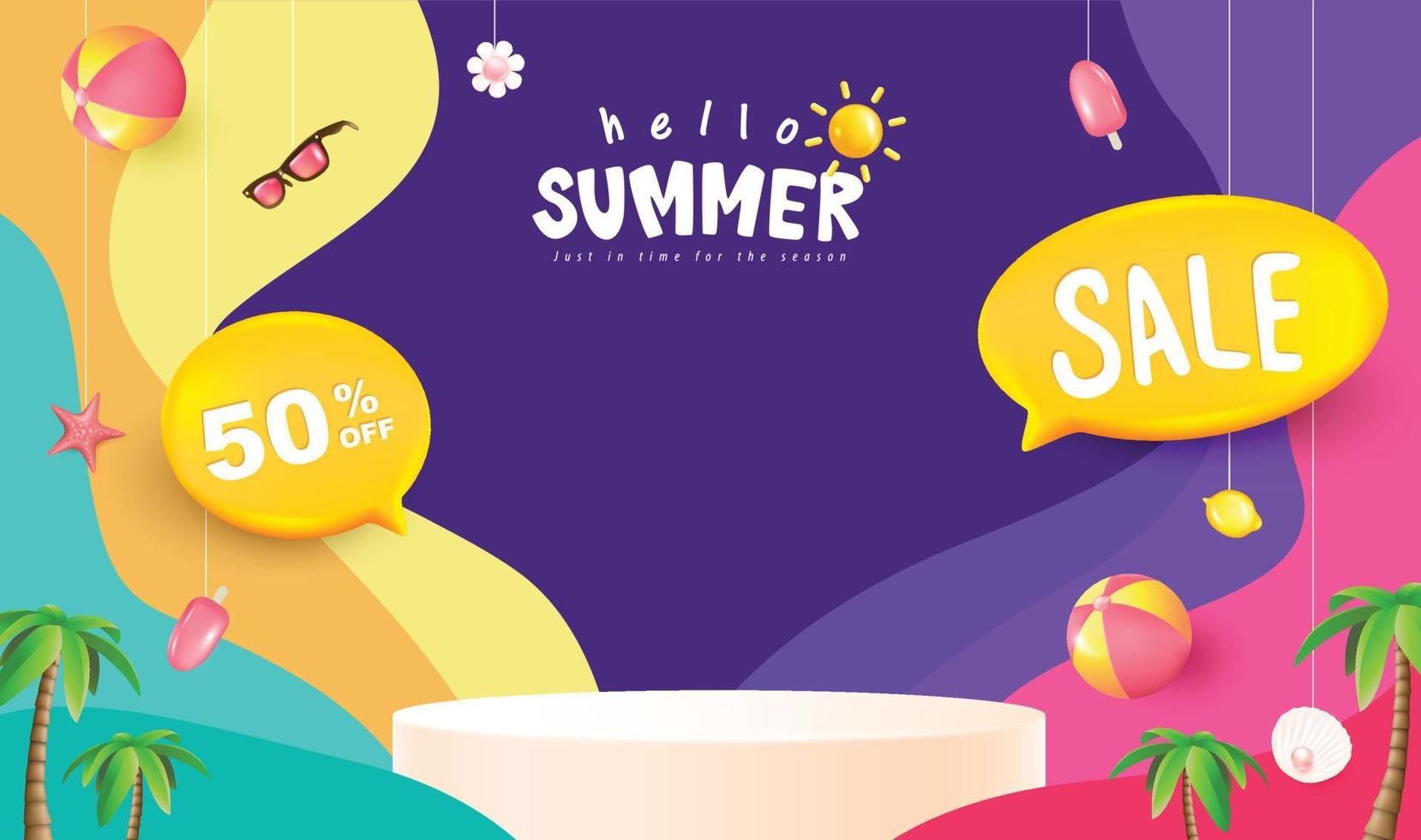 Summer sale poster banner template with product display cylindrical shape and beach background vector