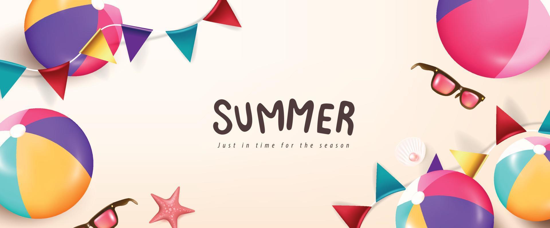 Summer poster banner background template with colorful beach ball vector