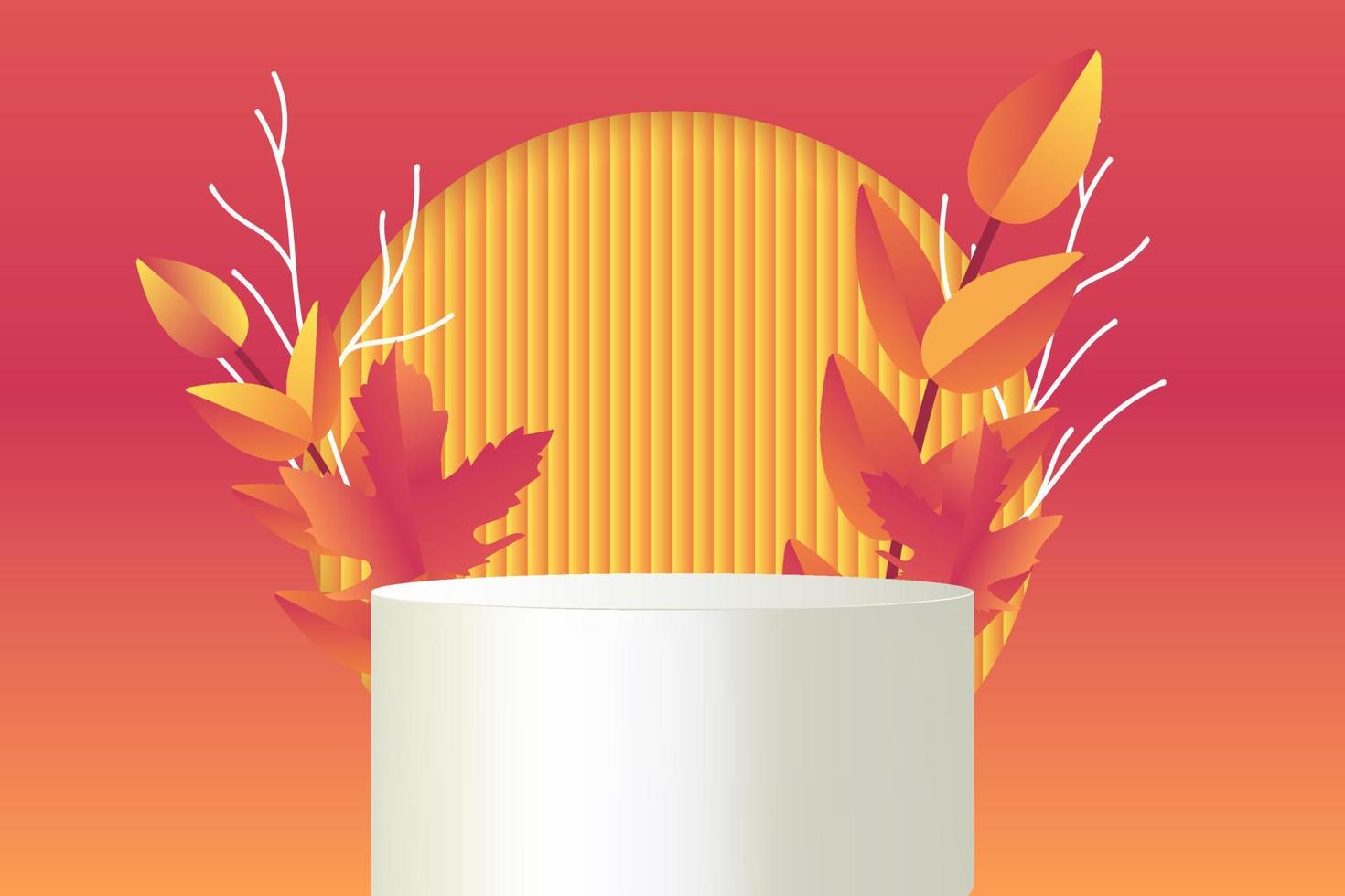 White pedestal podium with pink and orange autumn leaves and gradient background. Cylinder pedestal mockup for prosuct showcase vector