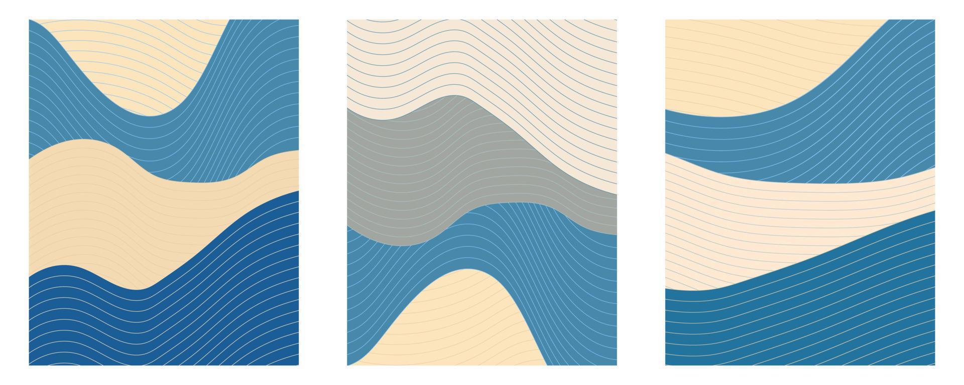 Fluid japanese ocean wave vintage in blue and beige. Set of poster vector designs with line elements.