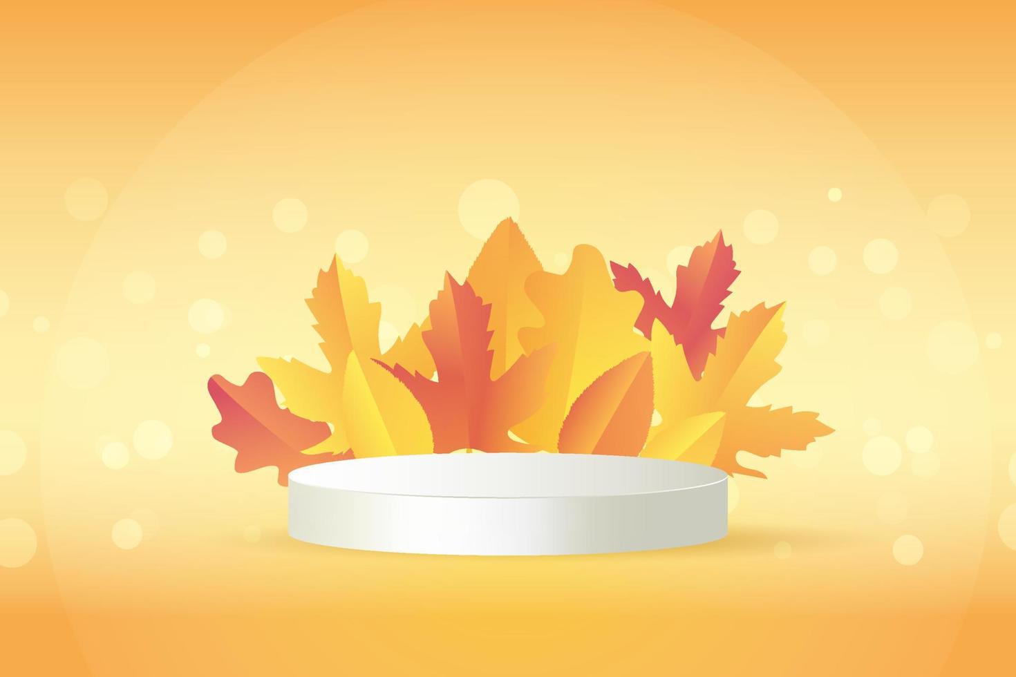 Cosmetic stand round display podium with bokeh background. Autumn product presentation. Showcase composition with leaf and branches vector