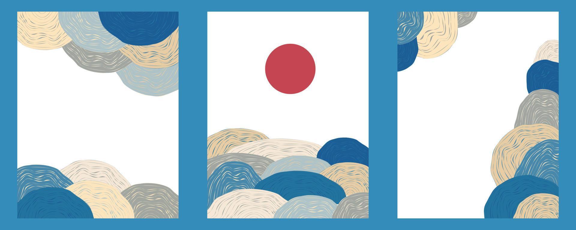 Japanese wave landscape vector illustration. Set of poster designs for creting marketing materials. Asian style banner or flyer