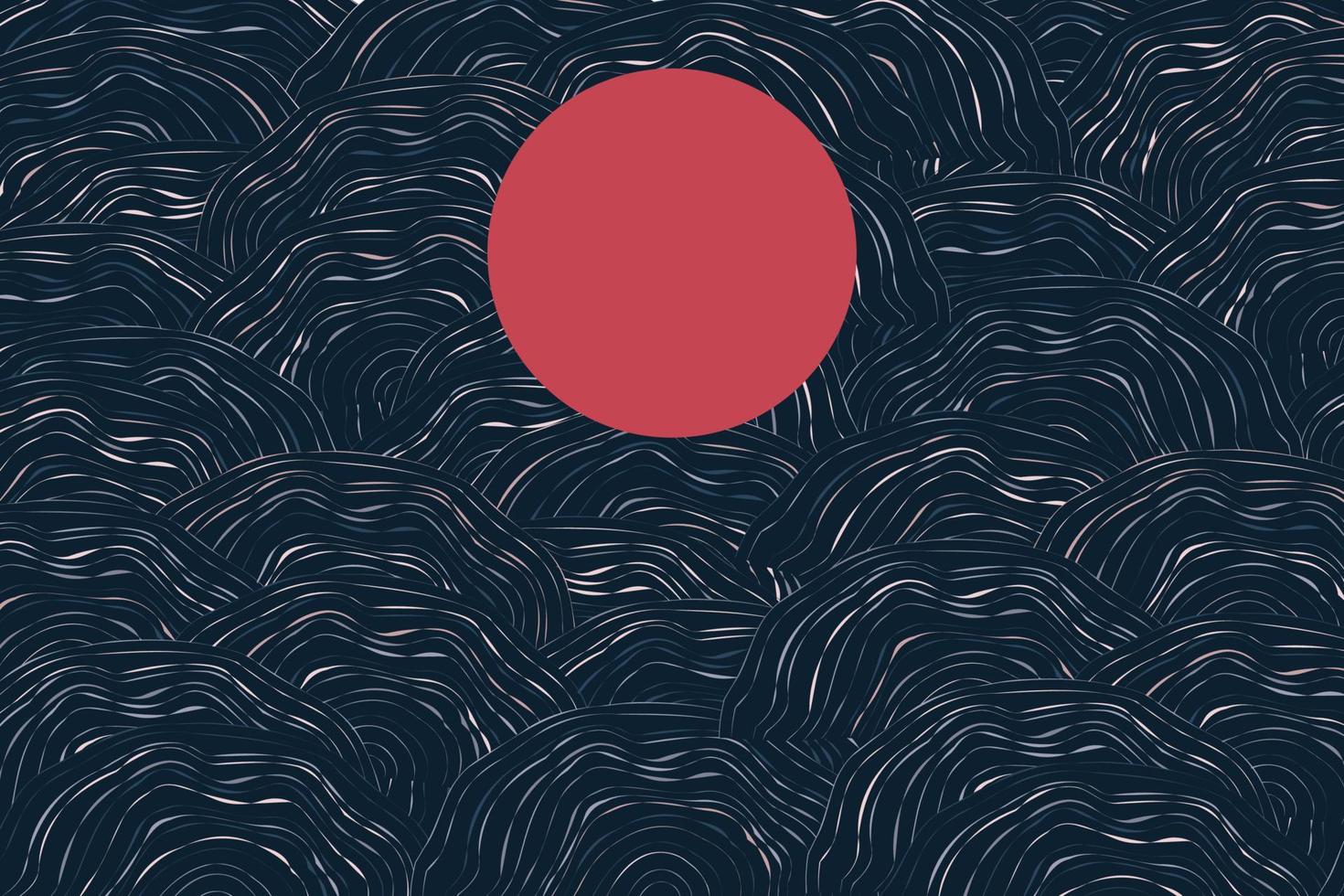 Fluid japanese texture with abstract lines and rising sun. Presentation slide background. Asian horizontal cover vector design