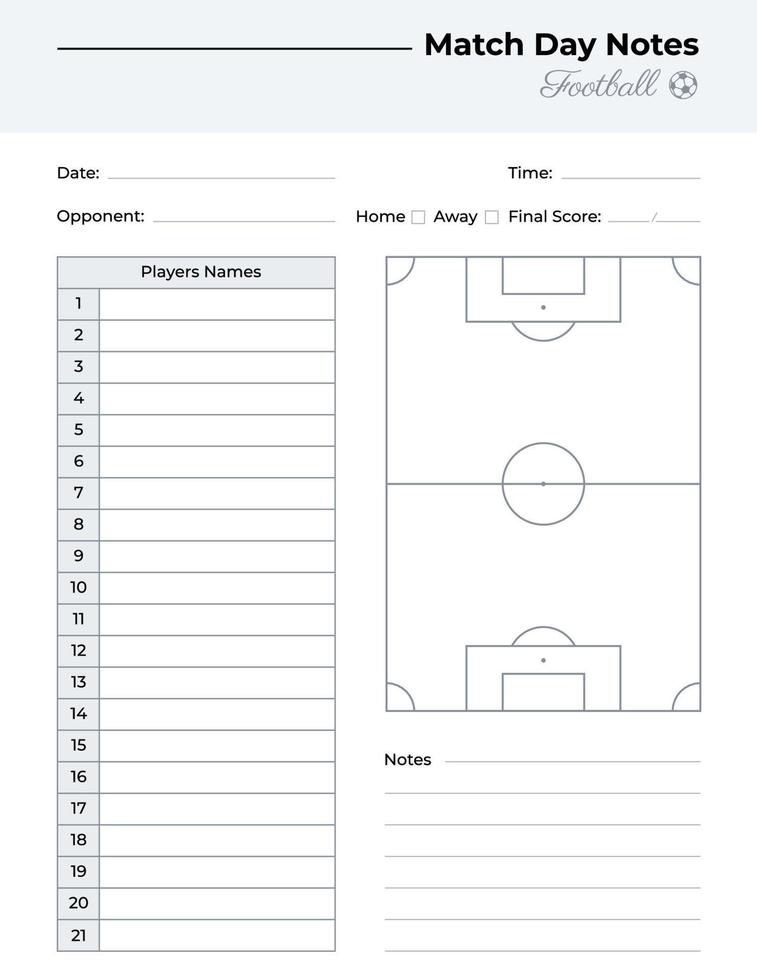 Match day notes log with football field diagram vector