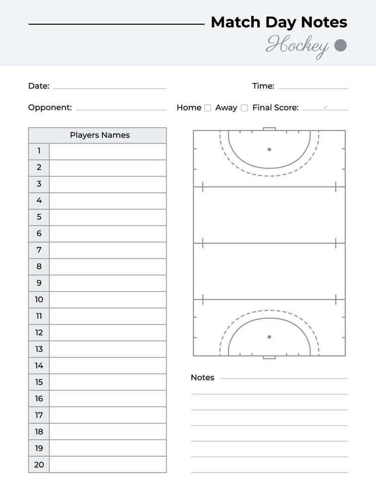 Match day notes log with hockey field diagram vector