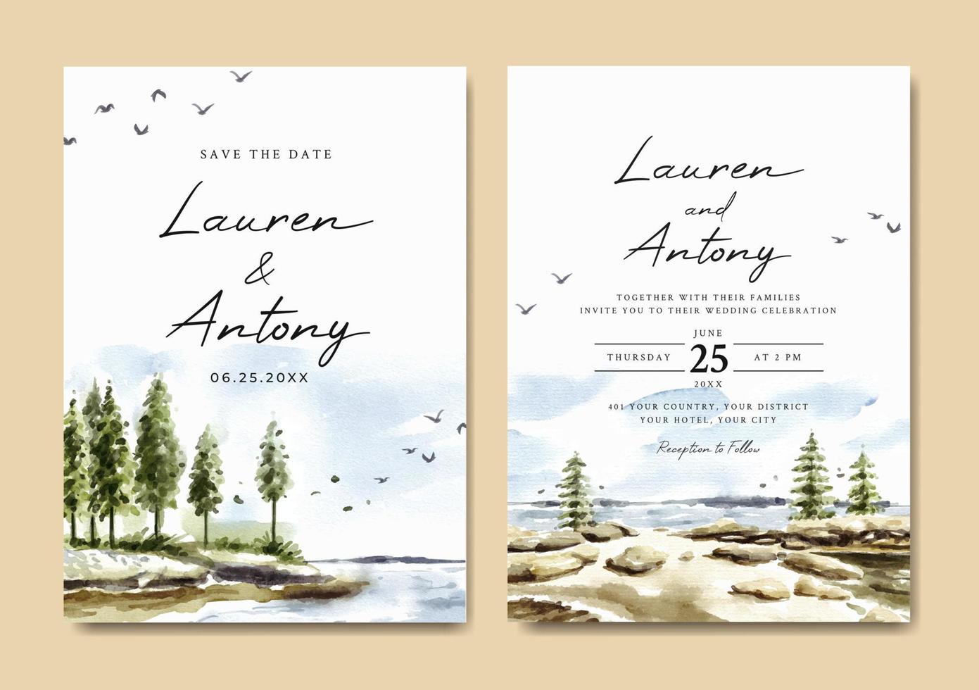 Watercolor wedding invitation with pine trees in lake vector