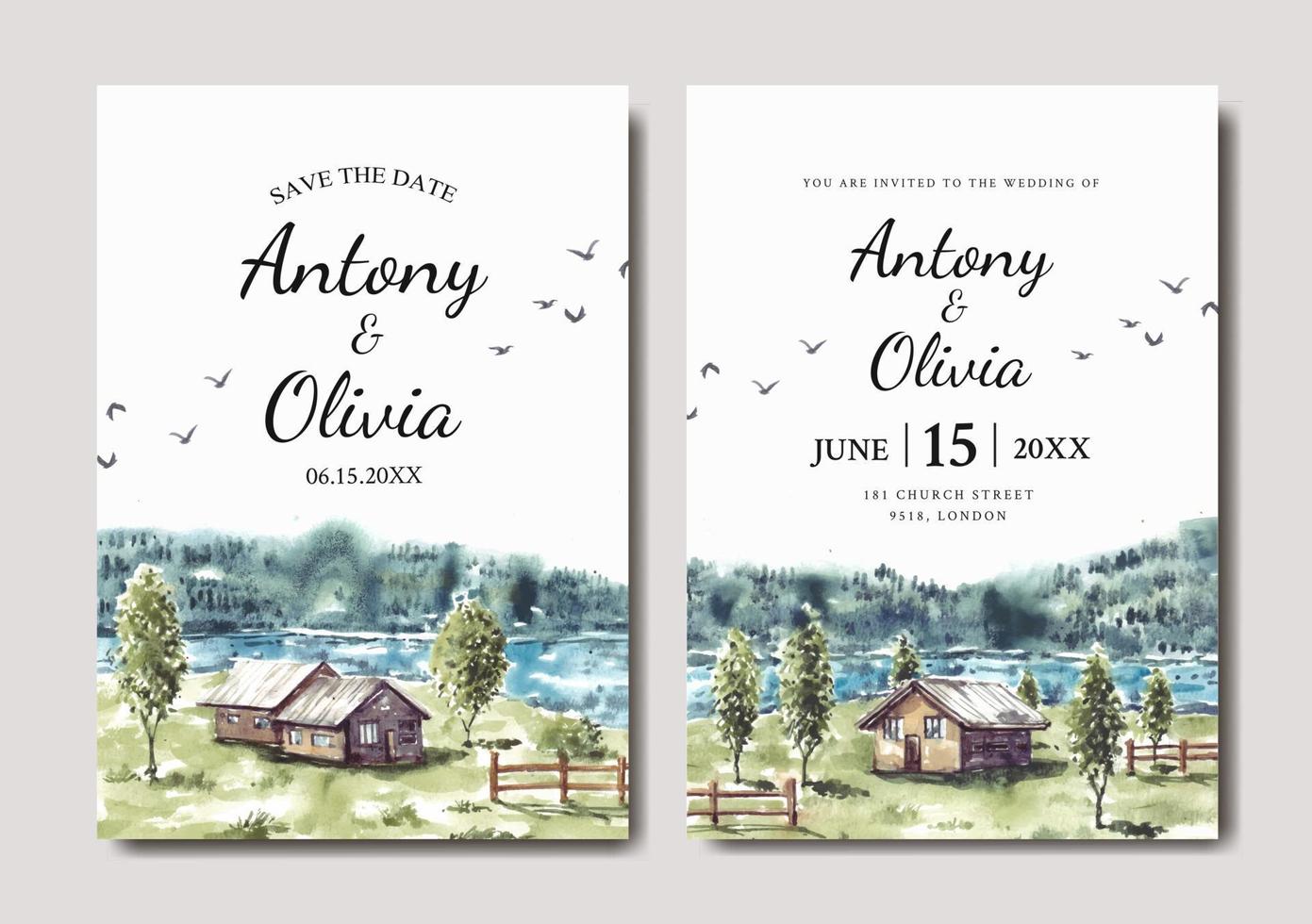 Wedding invitation of green nature landscape with house and lake view watercolor vector