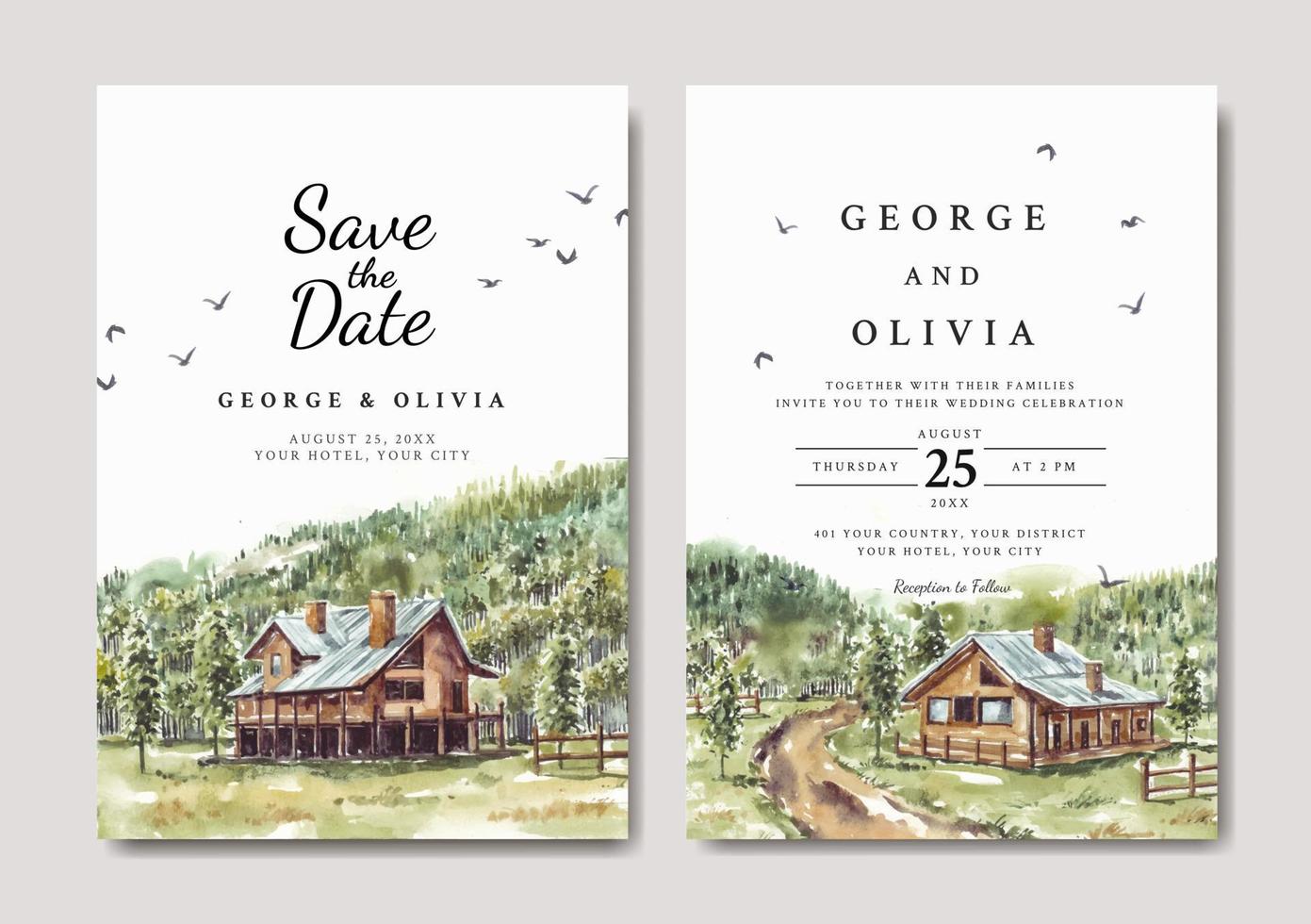 conjunto de invitación de boda de paisaje de naturaleza verde con casa y acuarela de carretera vector