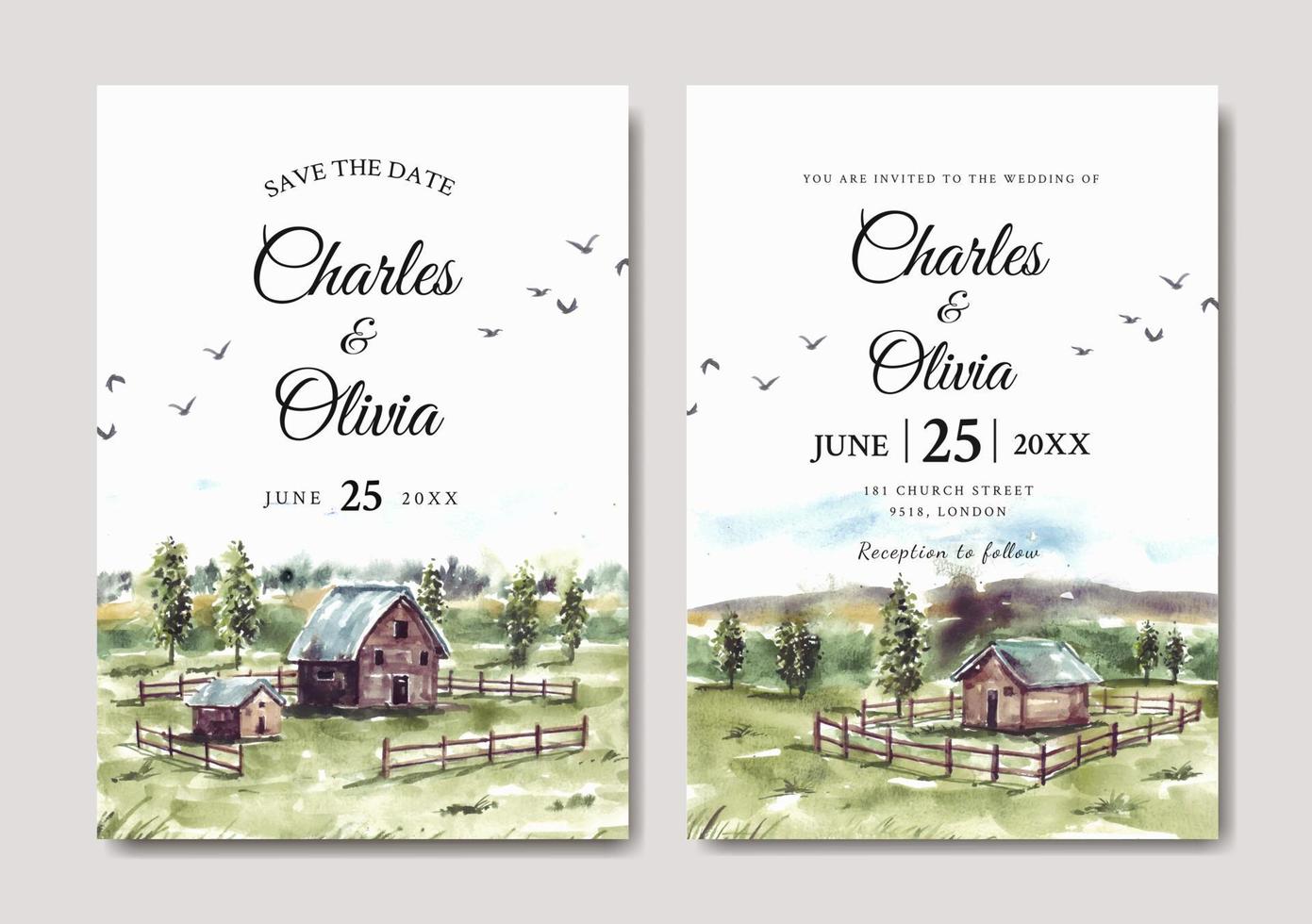 Wedding invitation of green nature landscape with house and farm watercolor vector