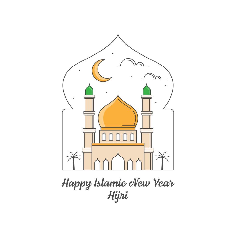 Happy islamic new year hijri monoline or line art style vector illustration