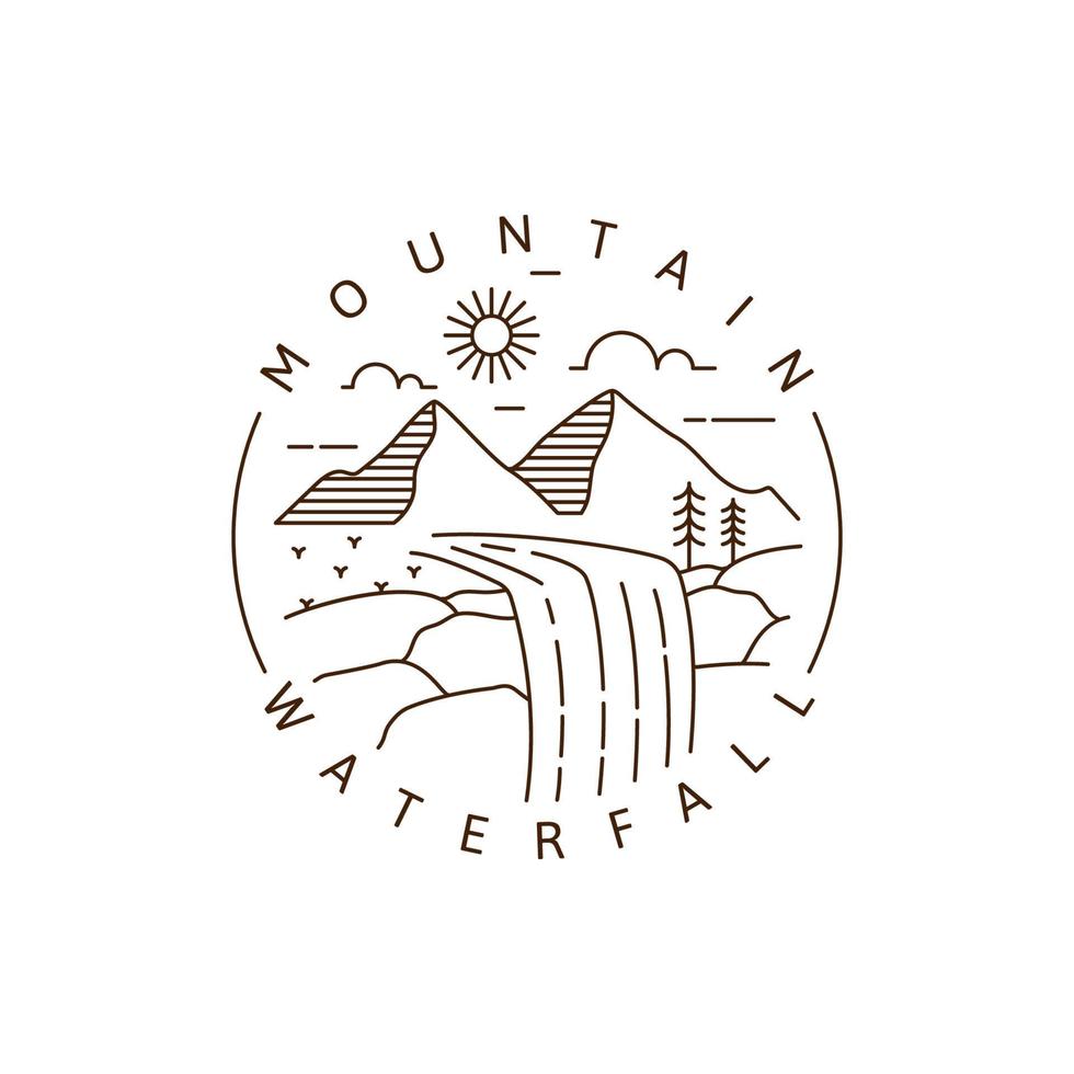 Mountain and waterfall outdoor monoline or line art style vector illustration