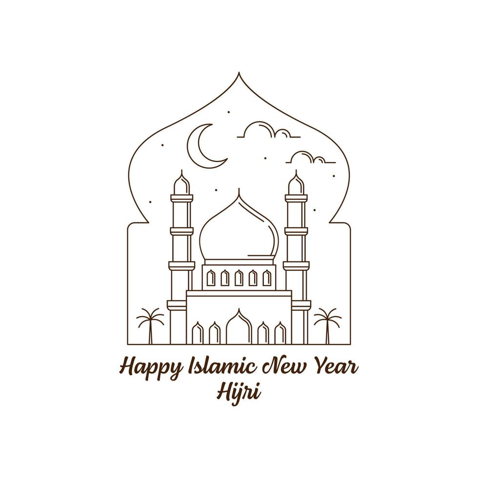 Happy islamic new year hijri monoline or line art style vector illustration