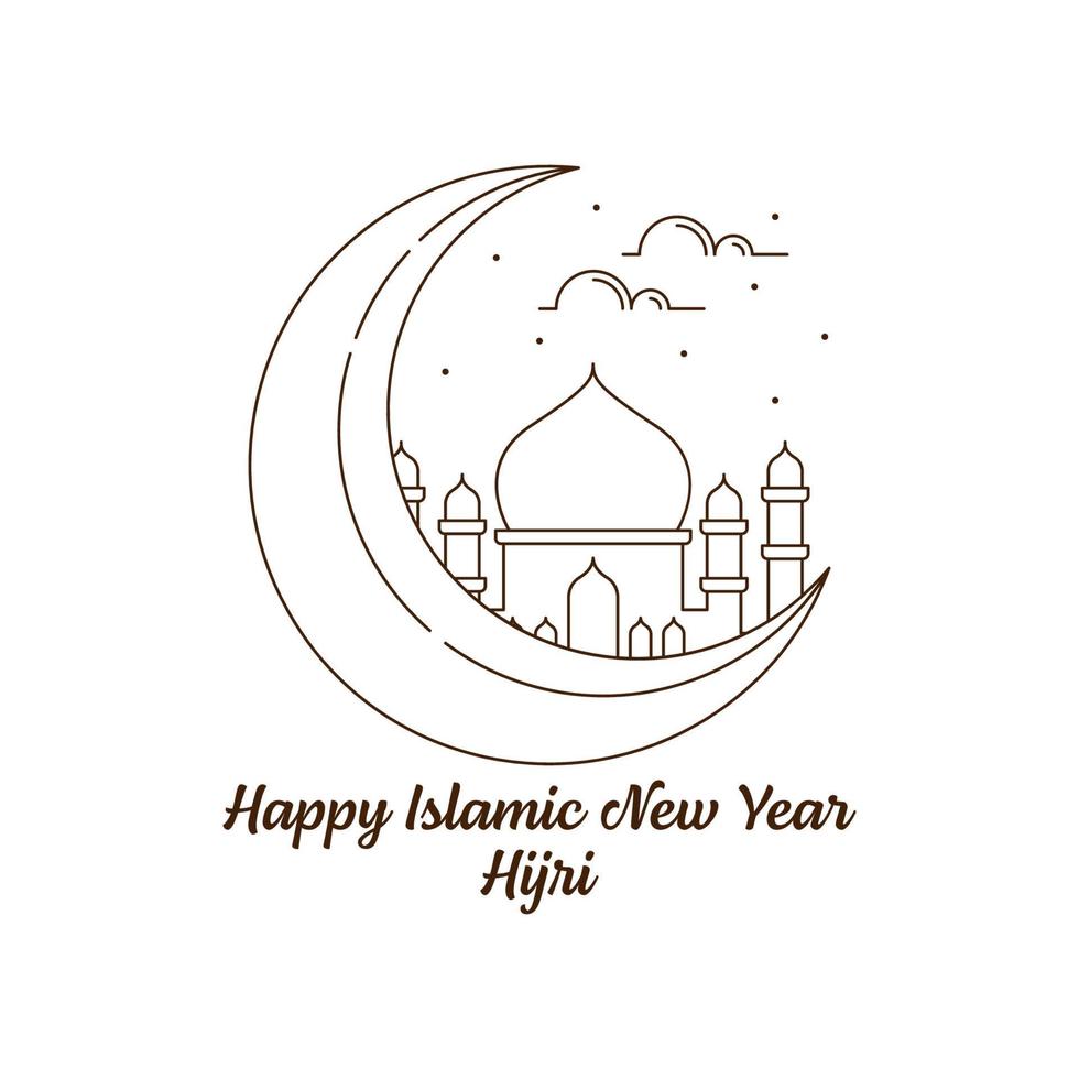 Happy islamic new year hijri monoline or line art style vector illustration