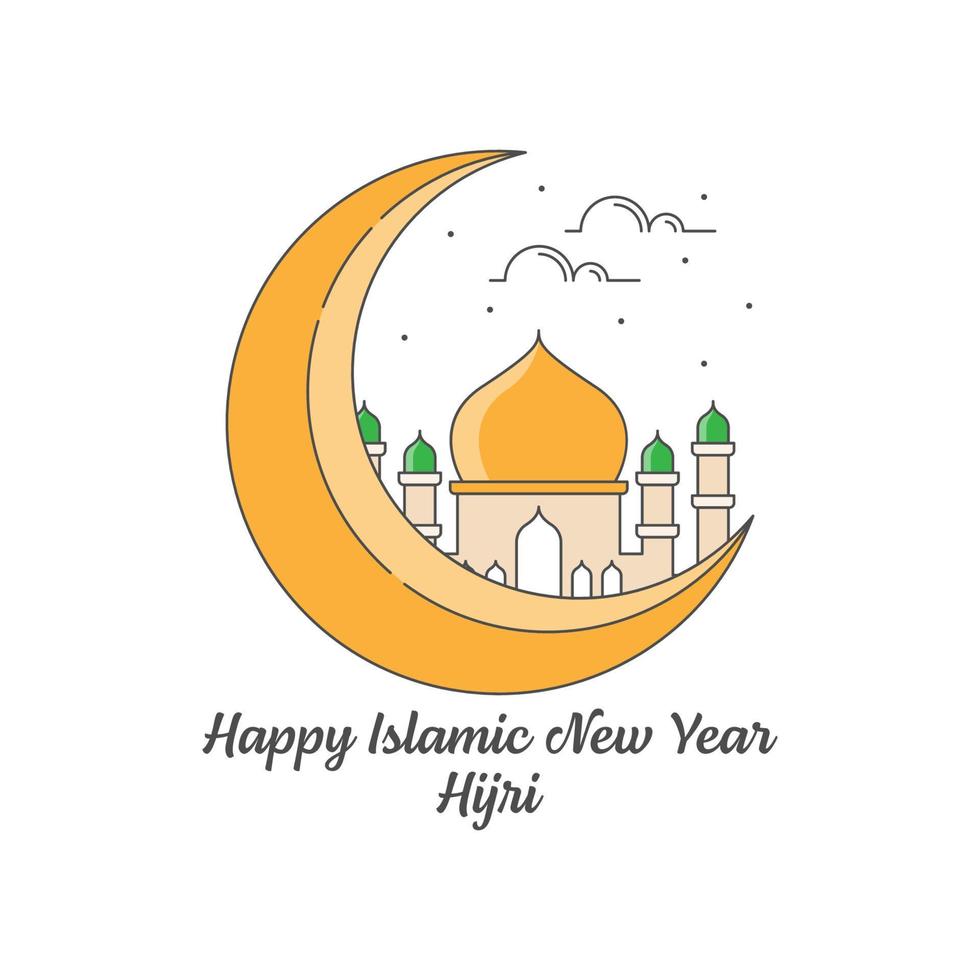 Happy islamic new year hijri monoline or line art style vector illustration