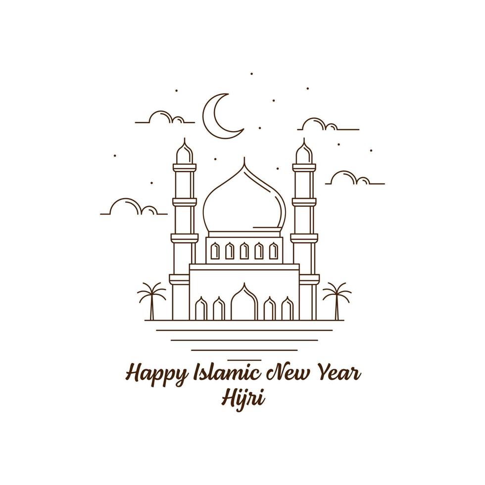Happy islamic new year hijri monoline or line art style vector illustration