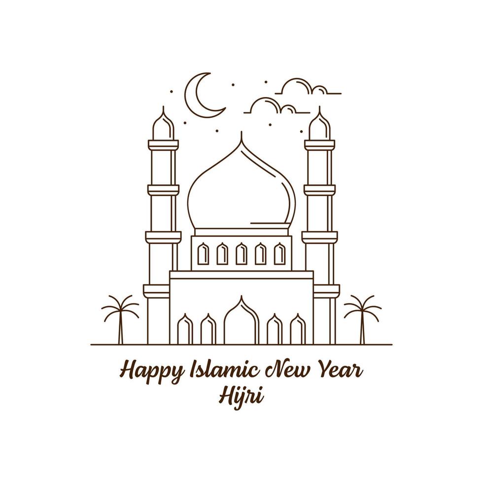 Happy islamic new year hijri monoline or line art style vector illustration