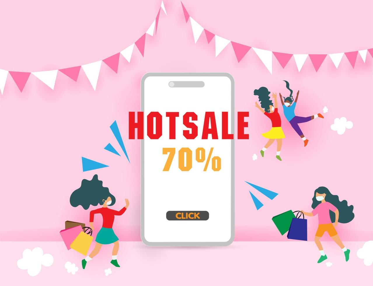 Sale promotion with text HOT SALE and happy ethnic girl on mobile phone design for banner sale with lovely women running go to shopping in abstract background and colorful shirt. Vector illustration