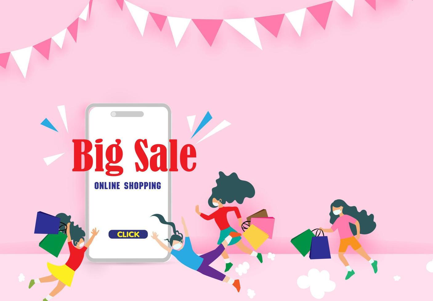 Sale promotion with text BIG SALE and happy ethnic girl on mobile phone design for banner sale with lovely women running go to shopping in abstract background and colorful shirt. Vector illustration
