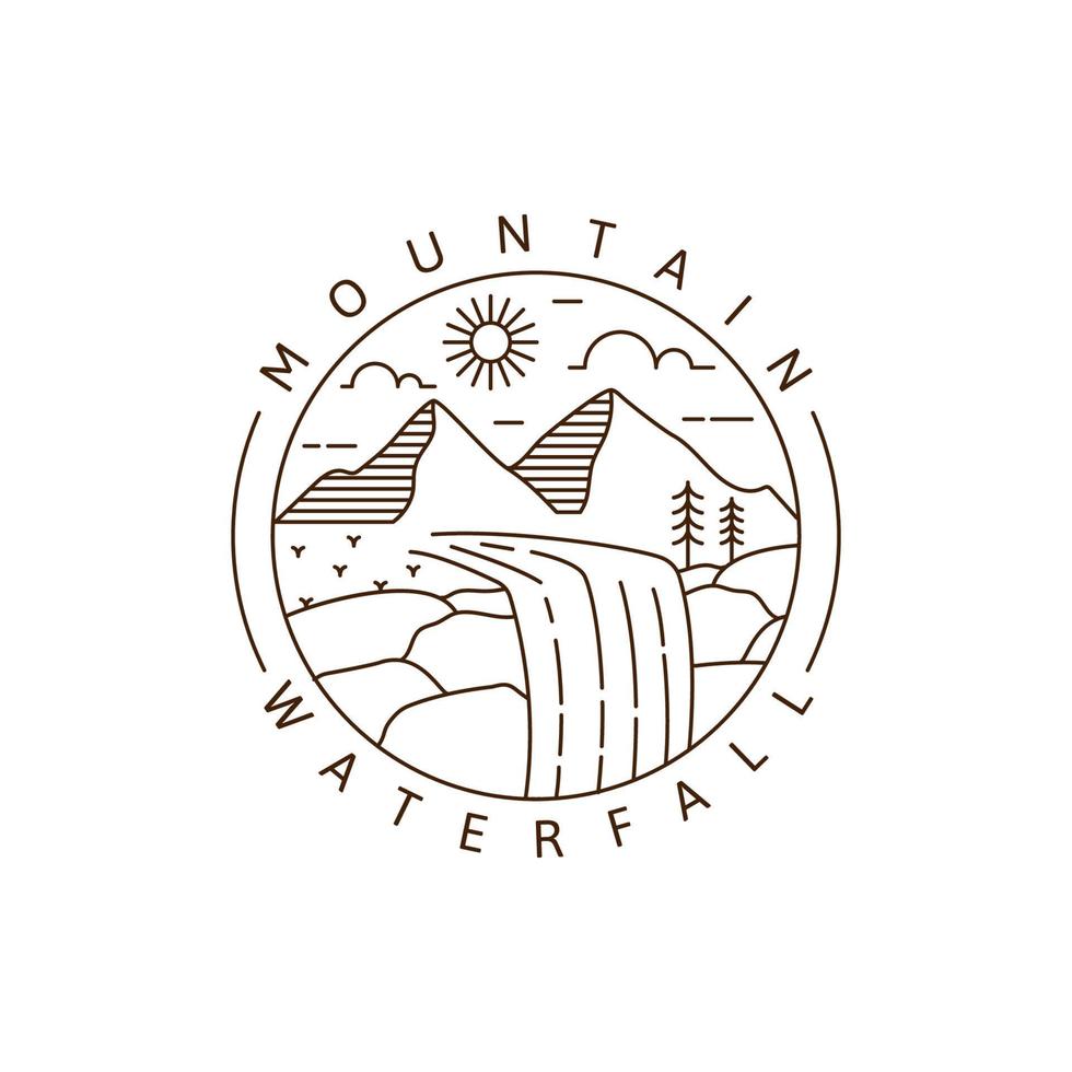 Mountain and waterfall outdoor monoline or line art style vector illustration