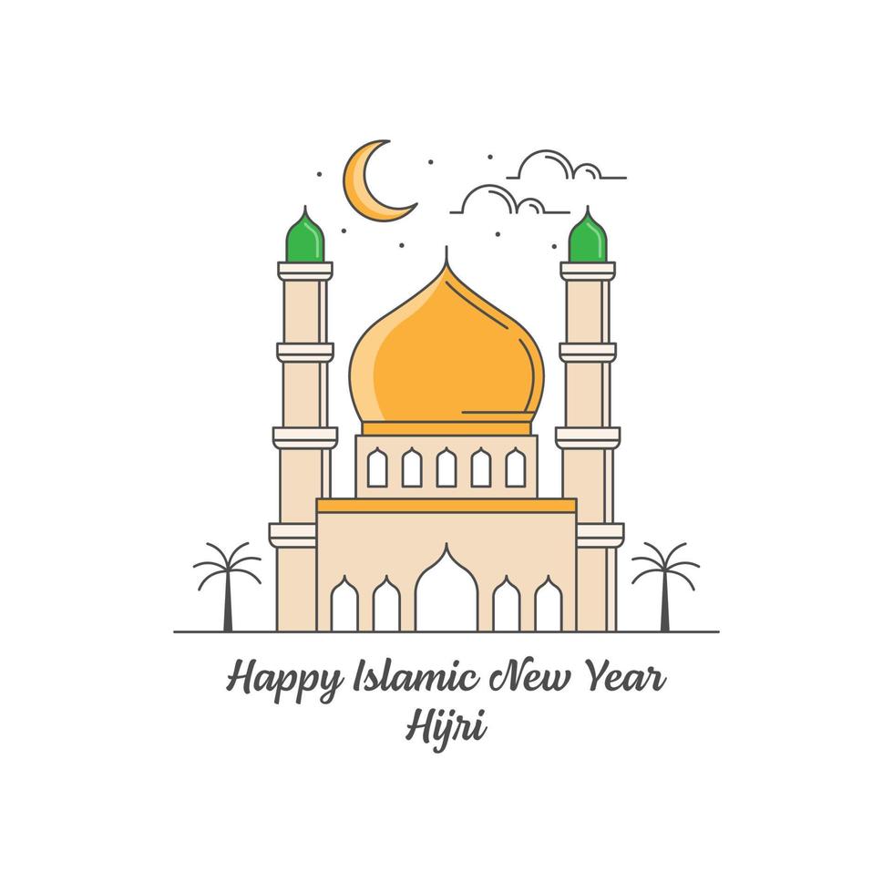 Happy islamic new year hijri monoline or line art style vector illustration