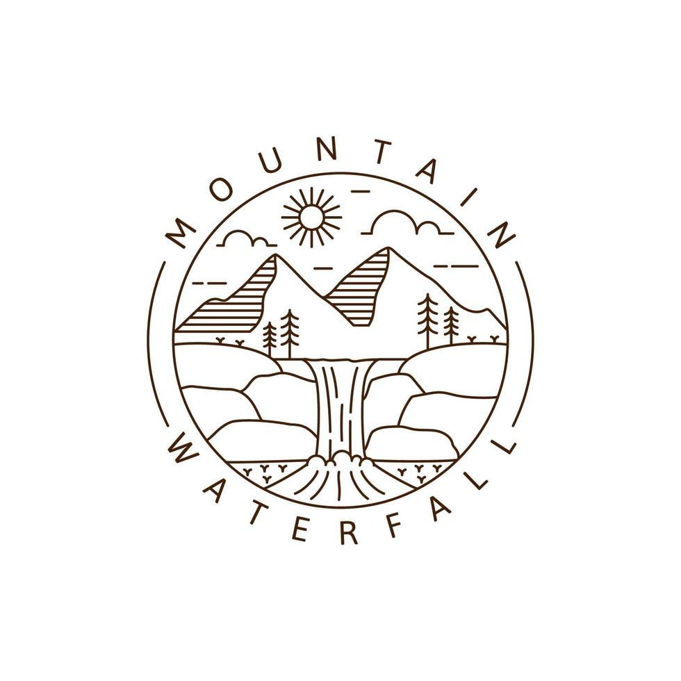 Mountain and waterfall outdoor monoline or line art style vector illustration