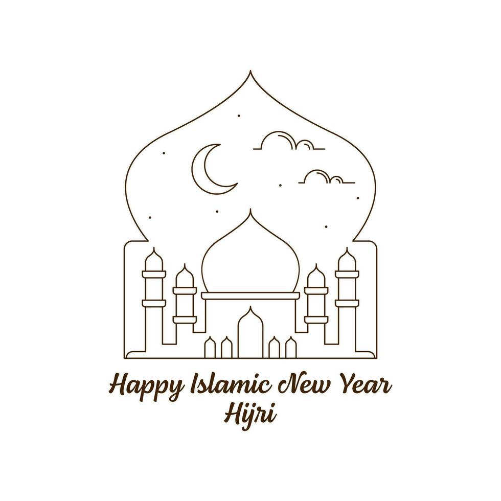 Happy islamic new year hijri monoline or line art style vector illustration
