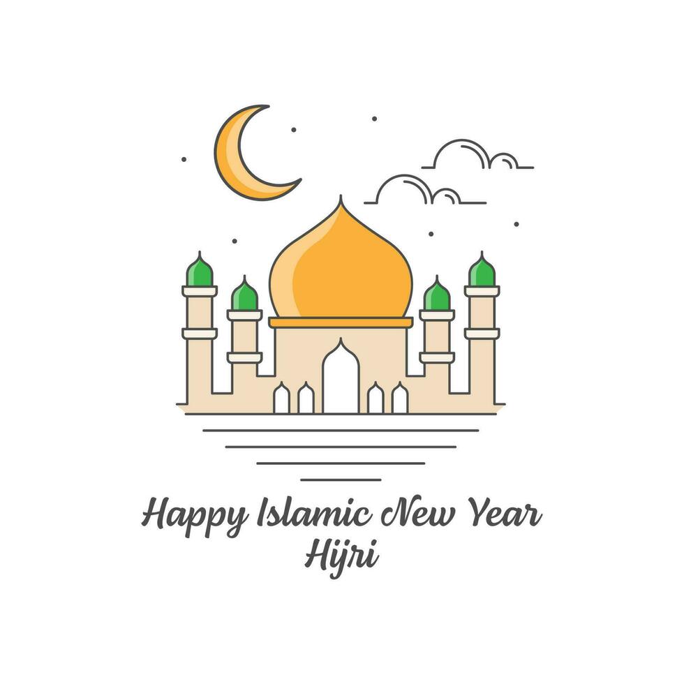 Happy islamic new year hijri monoline or line art style vector illustration