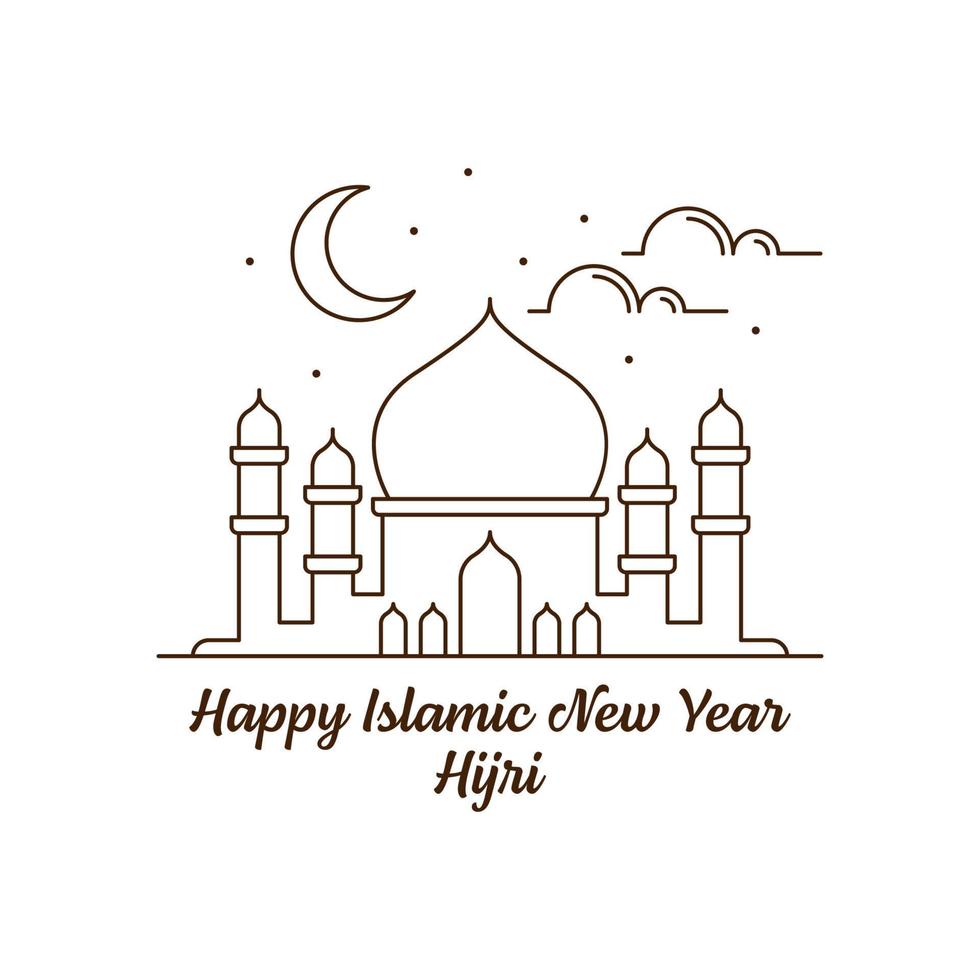 Happy islamic new year hijri monoline or line art style vector illustration