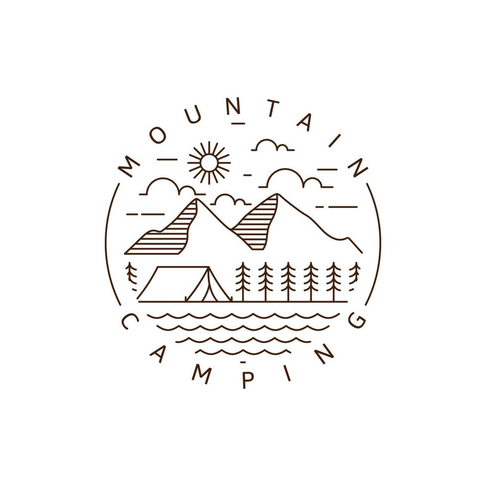 Mountain and camping monoline or line art style vector illustration ...
