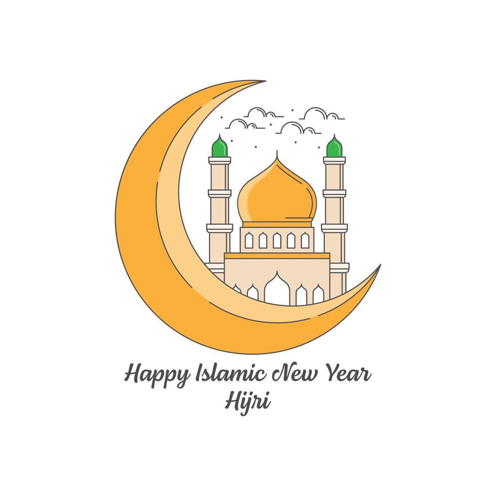 Happy islamic new year hijri monoline or line art style vector illustration