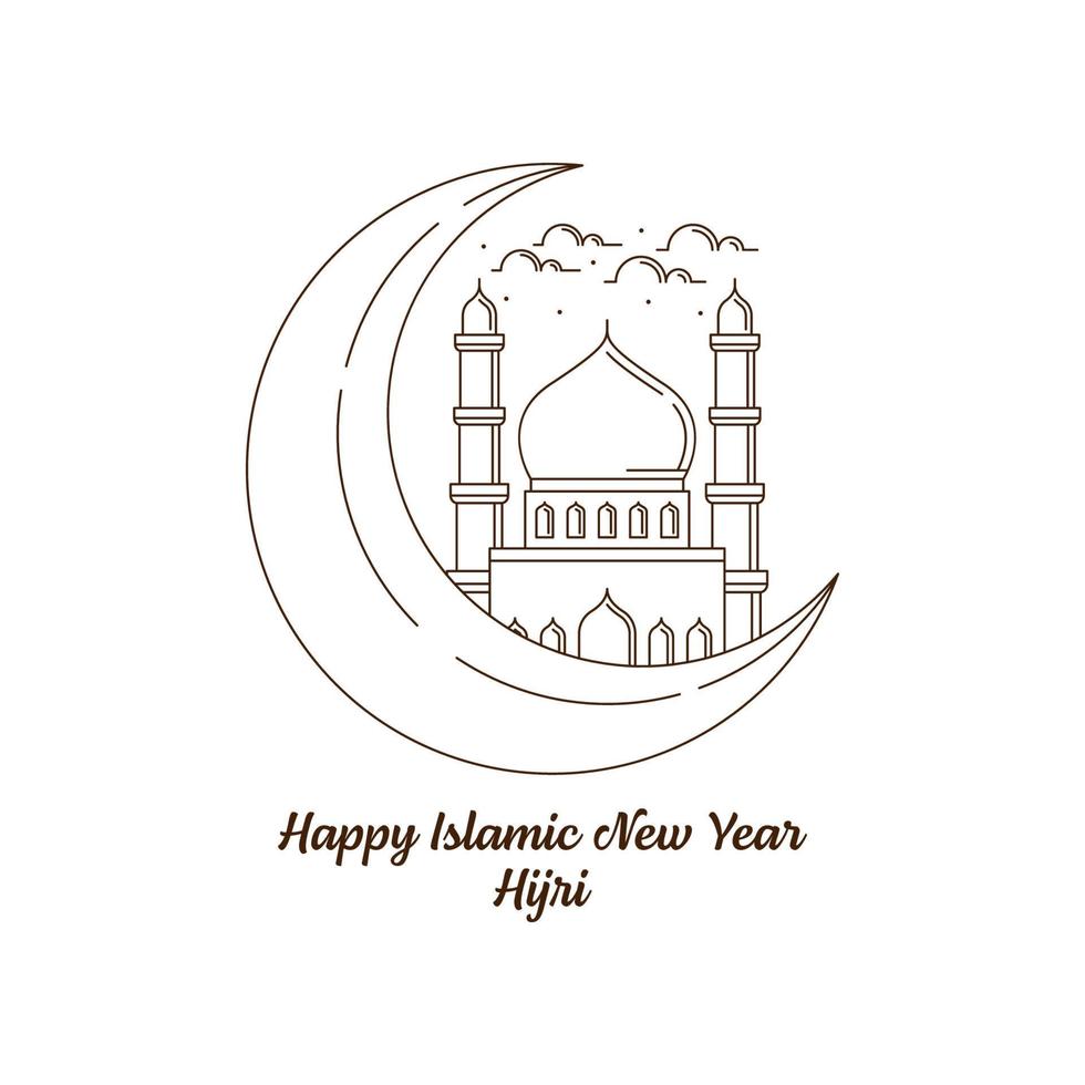 Happy islamic new year hijri monoline or line art style vector illustration