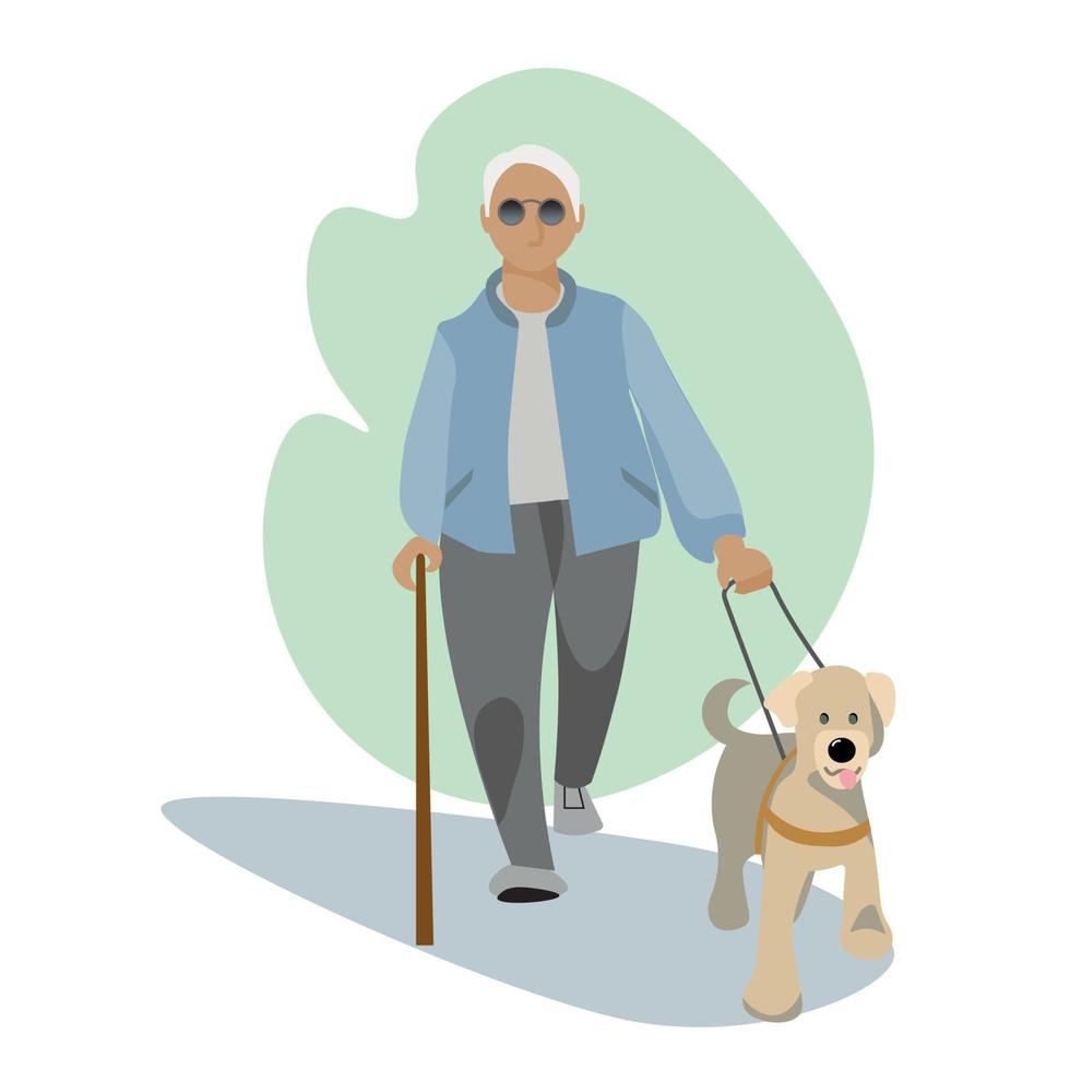 Blind man walk outdoor with guide dog assistance. Professional trained pet puppy help disabled impaired guy on streets. Visual impairment concept. Service animal and people. Vector illustration.