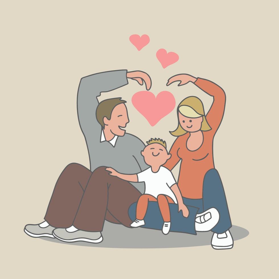 ilustración vectorial de una familia feliz, madre padre hijo, vector familiar próspero completo