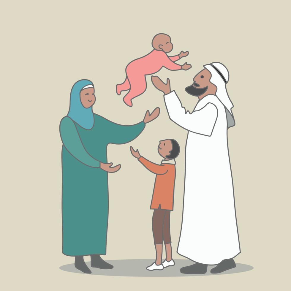 Simple Vector illustration drawing of Muslim families gathering together .